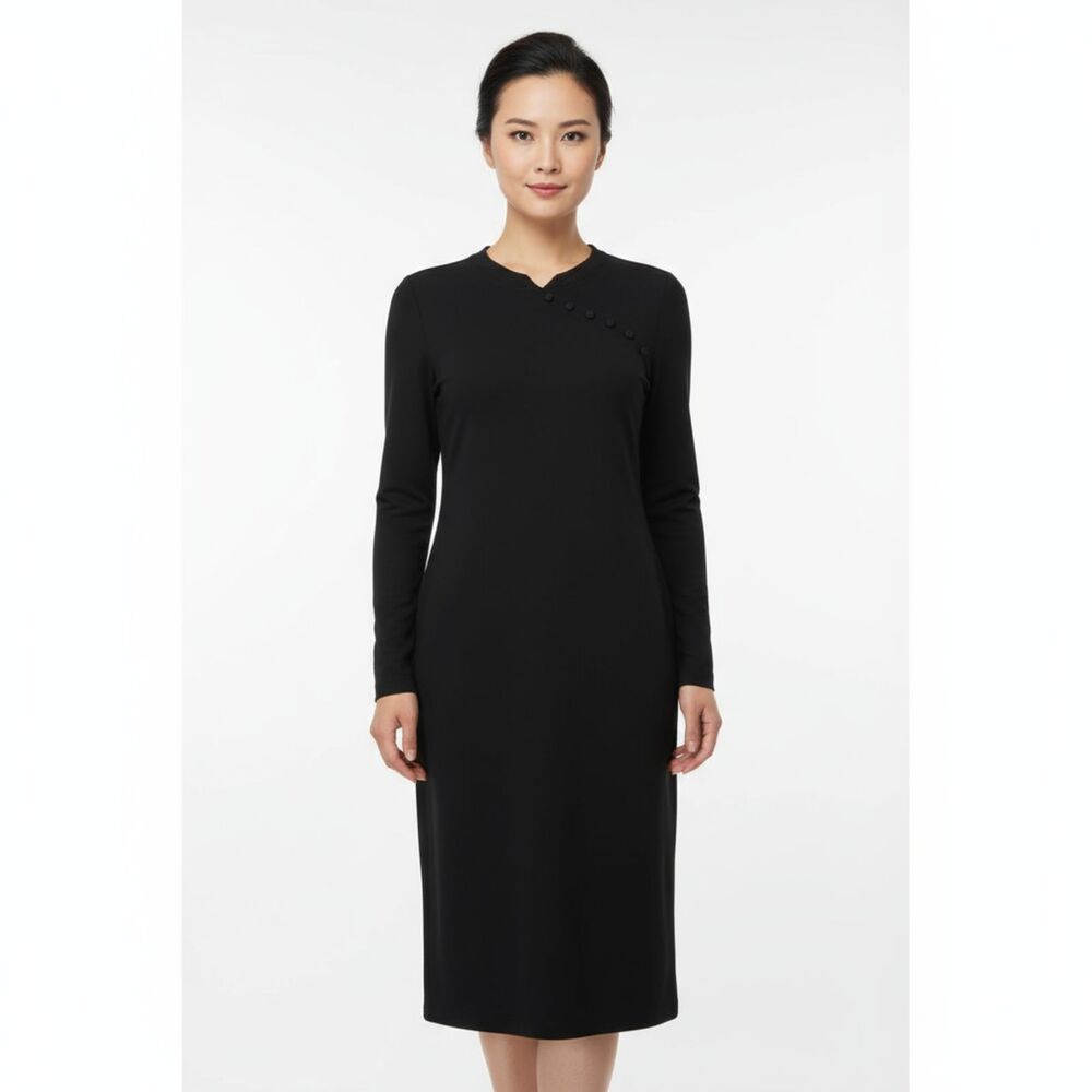 Misook Black Thin Ribbed Asian Style Long Sleeve Knee Length Dress S